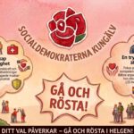 Valaffisch från Socialdemokraterna Kungälv med fokusområden äldreomsorg och krisberedskap. Text "GÅ OCH RÖSTA! DITT VAL PÅVERKAR - GÅ OCH RÖSTA I HELGEN!"